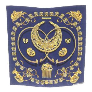 HERMES les cavaliers d'or カレ40 黄金の騎士 スカーフ チーフ 絹 シルク 青 ブルー ゴールド OH