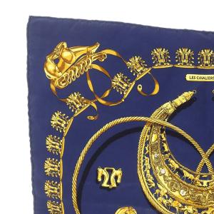 HERMES les cavaliers d'or カレ40 黄金の騎士 スカーフ チーフ 絹 シルク 青 ブルー ゴールド OH