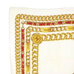CHANEL スカーフ 大判 チェーン ココマーク 絹 シルク アイボリー 赤 レッド ゴールド OH