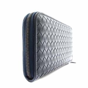 BOTTEGA VENETA イントレチャート 長財布 ラウンドジップ レザー 編み込み 紺