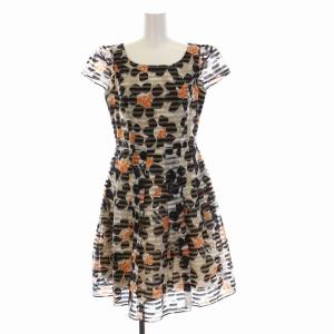 ワンピース ひざ丈 ボーダー柄 フラワー 花柄 半袖 38 M 黒 ベージュ オレンジ