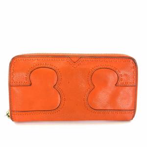 TORY BURCH マルチステッチ 長財布 ラウンドファスナー レザー オレンジ
