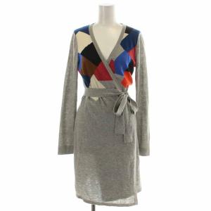 ラップワンピース 巻きワンピース ひざ丈 ウール カシュクール 総柄 長袖 S グレー