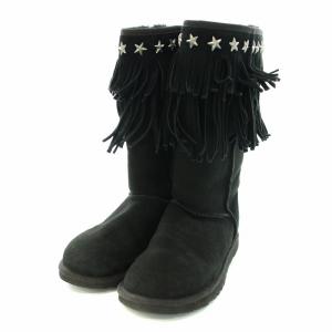 UGG australia ジミーチュウ JIMMY CHOO ムートンブーツ ミドル フラット フリンジ スタッズ 羊革 US6 23cm 黒 ブラック