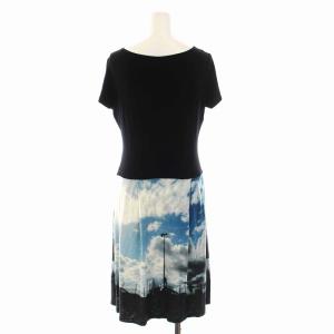 agnes b. ワンピース ひざ丈 総柄 半袖 2 M 黒 ブラック 青 白