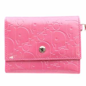 Christian Dior カードケース 名刺入れ 三つ折り エナメル トロッター チェーン ピンク
