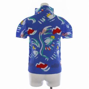 me ISSEY MIYAKE 22AW カットソー 半袖 ハイネック ボックスプリーツ 総柄 青 ブルー MI23FK225