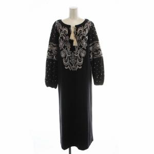 カフタン刺繍ワンピース ロング 長袖 刺繍 38 M 黒 ブラック