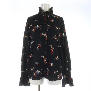 シャツ ブラウス ハイネック 長袖 花柄 プリント シャーリング 36 S 黒 ブラック