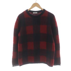 ニット セーター クルーネック プルオーバー 長袖 チェック モヘヤ ウール混 M 赤 レッド 黒 ブラック