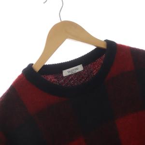 VALENTINO ニット セーター クルーネック プルオーバー 長袖 チェック モヘヤ ウール混 M 赤 レッド 黒 ブラック