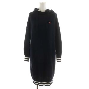 ワンピース ミモレ ロング 長袖 フード 38 M 紺 ネイビー