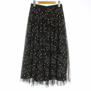 スタームーンチュールスカート フレア ミモレ ロング 刺繍 星柄 月柄 38 M 黒 ブラック