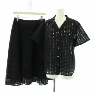 セットアップ 上下 ブラウス シャツ キーネック 半袖 スカート ひざ丈 フレア スクエアレース カットワーク 8 M 黒