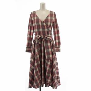 ロングワンピース 長袖 チェック柄 36 S ピンク 白 ホワイト