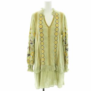 21SS ヘムフリル刺繍チュニック ワンピース 長袖 スキッパー 36 S カーキ 黄色 イエロー 紺 ネイビー