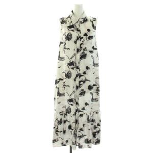 22SS ワンピース シャツワンピ フレア ペプラム ロング ノースリーブ サテン 総柄 36 S 白 ホワイト 黒 ブラック