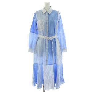 22SS ワンピース シャツワンピ ロング フレア ストライプ ベルト 2way 長袖 36 S 水色