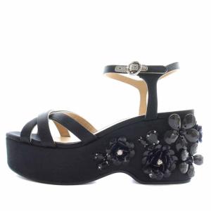 ストラップサンダル 厚底 ウエッジソール フラワー装飾 37 23.5cm 黒 ブラック