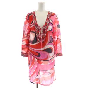 チュニック 長袖 総柄 コットン シルク混 絹混 I44 M ピンク 赤 レッド
