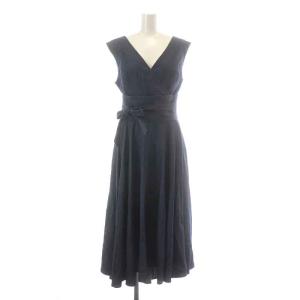 デニムベルトワンピース ロング ミモレ フレア ノースリーブ Vネック カシュクール リボン 38 M 紺 ネイビー