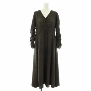 21SS ラインフラワープリントワンピース ロング Vネック 長袖 花柄 リボン インナーワンピース付き 38 M 茶 ブラウン