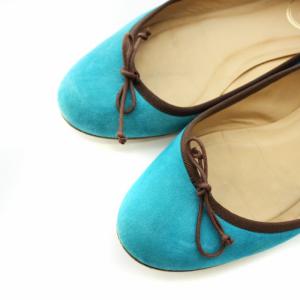 J&M DAVIDSON バレエシューズ パンプス スエード ラウンドトゥ フラット リボン 38 24cm 水色 ライトブルー 茶 ブラウン