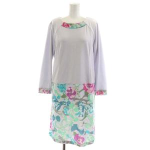 ワンピース ミモレ ロング 花柄 ベロア 40 M グレー ピンク 水色 ライトブルー