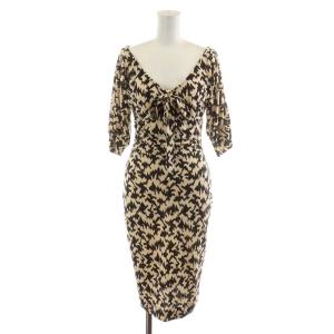 ワンピース ひざ丈 7分袖 総柄 シルク 絹 0 XS ベージュ 茶 ブラウン