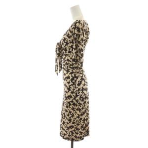 DIANE von FURSTENBERG ワンピース ひざ丈 7分袖 総柄 シルク 絹 0 XS ベージュ 茶 ブラウン