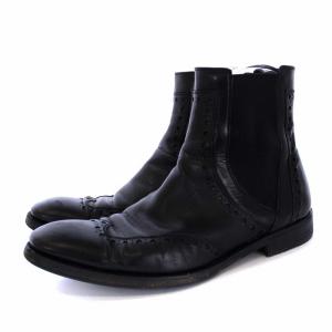 Salvatore Ferragamo サイドゴア ショートブーツ ウイングチップ レザー 7.5 2E 25.5cm 黒 ブラック