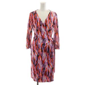 ワンピース ひざ丈 長袖 総柄 シルク 絹 4 M オレンジ 白 ホワイト紫 パープル 黒 ブラック