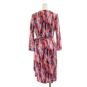 DIANE von FURSTENBERG ワンピース ひざ丈 長袖 総柄 シルク 絹 4 M オレンジ 白 ホワイト紫 パープル 黒 ブラック