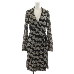 ワンピース ひざ丈 長袖 総柄 シルク 絹 6 L 黒 ブラック 白 ホワイト