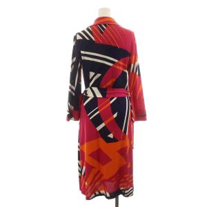 DIANE von FURSTENBERG ワンピース ひざ丈 長袖 シルク 絹 6 L オレンジ ピンク 紺 ネイビー