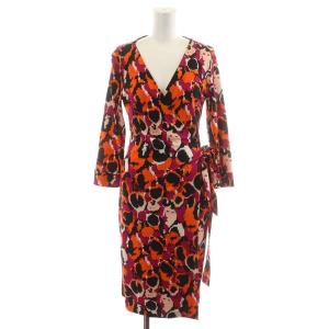 ワンピース ひざ丈 長袖 総柄 シルク 絹 4 M オレンジ ピンク 黒 ブラック