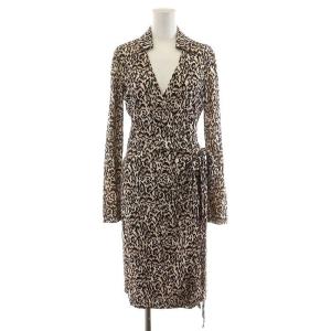 ワンピース ひざ丈 長袖 シルク 絹 アニマル柄 4 M ベージュ 茶 ブラウン