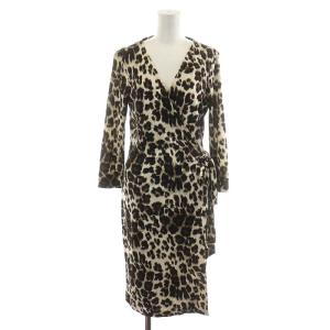 ワンピース ひざ丈 長袖 シルク 絹 アニマル柄 6 L ベージュ 茶 ブラウン