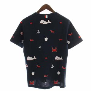 THOM BROWNE Tシャツ カットソー クジラ 総柄刺繍 トリコロール 鹿の子 半袖 1 S ネイビー