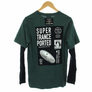 DIESEL Tシャツ ロンT カットソー フェイクレイヤード 長袖 プリント ロゴ S 緑 グリーン 黒 ブラック