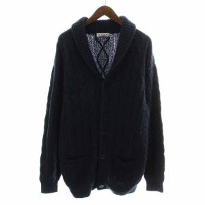 ニットカーディガン ミドル丈 ショールカラー ウール 長袖 L 黒 ブラック