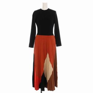 19AW ニット ワンピース ロング プリーツ 長袖 36 S 黒 ブラック 茶 オレンジ