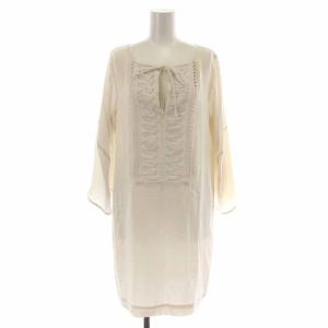 ワンピース ひざ丈 シルク リボン 長袖 4 M 白 ホワイト