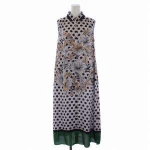 21AW シャツワンピース ロング ノースリーブ ドット柄 花柄 38 M 緑 グリーン 黒 ブラック 02213 31093-00