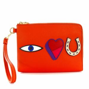 ポーチ ミニクラッチバック L字ファスナー レザー ワッペン オレンジ