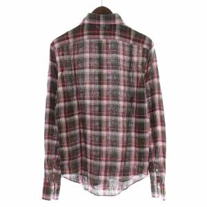 Finamore カッタウェイシャツ カジュアルシャツ リネン 麻 チェック 長袖 S ピンク 赤 レッド