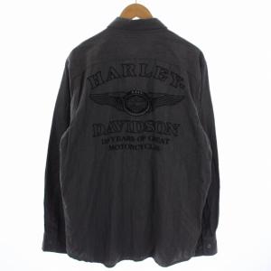 HARLEY DAVIDSON 110周年記念 ストライプウーブンシャツ 長袖 ロゴ刺繍 M グレー 96464-13VM