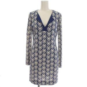 ワンピース ひざ丈 シルク 総柄 長袖 0 XS 青 ブルー