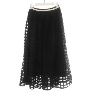 18SS フレアスカート ミモレ ロング チェック柄 シアー チュール 36 S 黒 ブラック