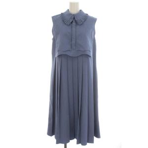 22SS Aラインプリーツワンピース つけ襟 ノースリーブ ワンピース ロング 38 M 青 ブルー